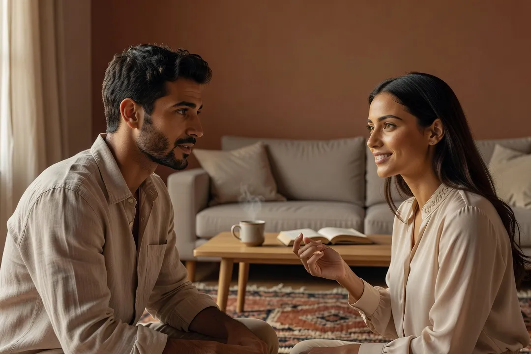 Conversation de couple abordant l’anxiété avant le mariage islamique