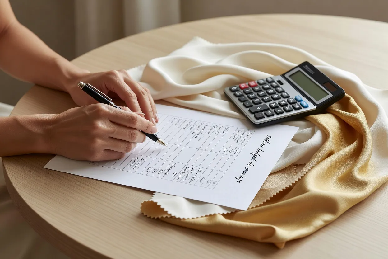 Préparation d’un tableau budget de mariage musulman avec échantillons de tissus et calculatrice