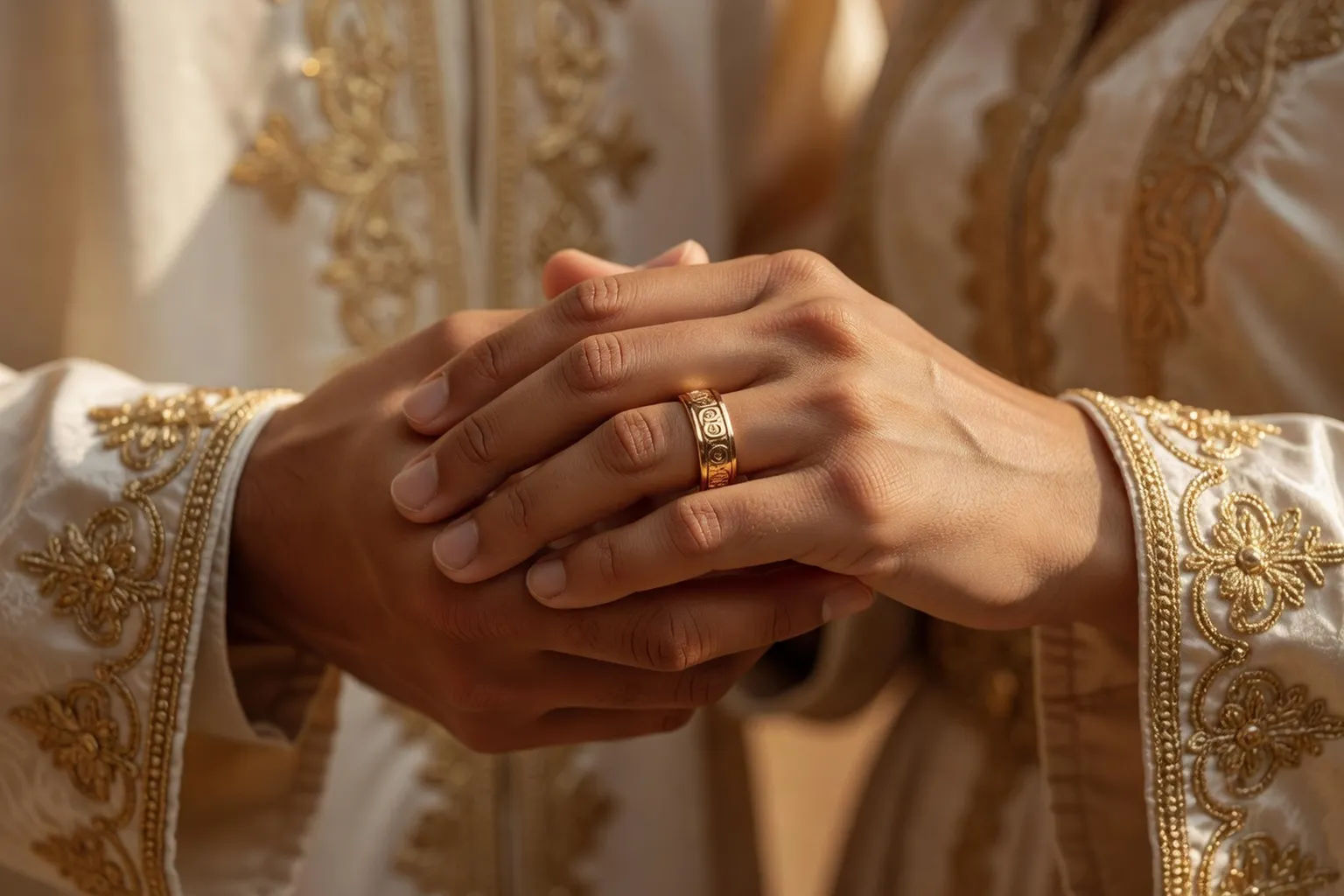 Deux mains jointes d’un couple en habits de mariage islamique, bague visible