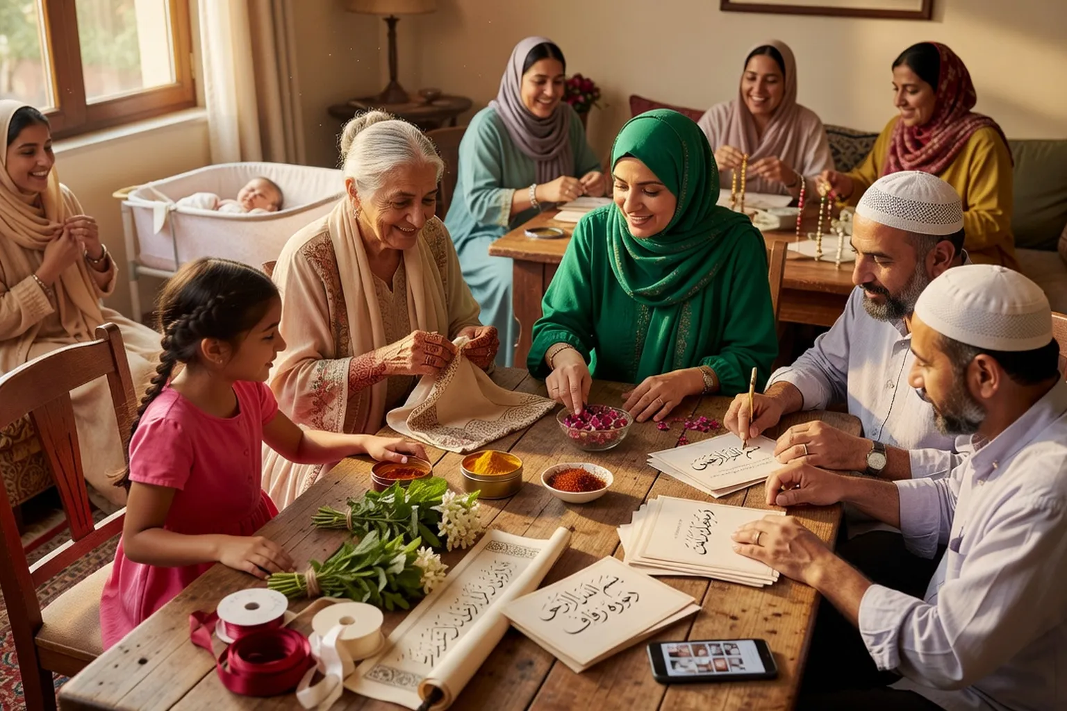 Famille réunie autour d’une table pour les préparatifs de mariage, atmosphère chaleureuse