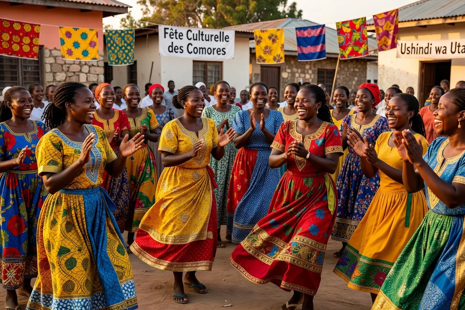 Femmes comoriennes en robes colorées traditionnelles lors d’une fête communautaire