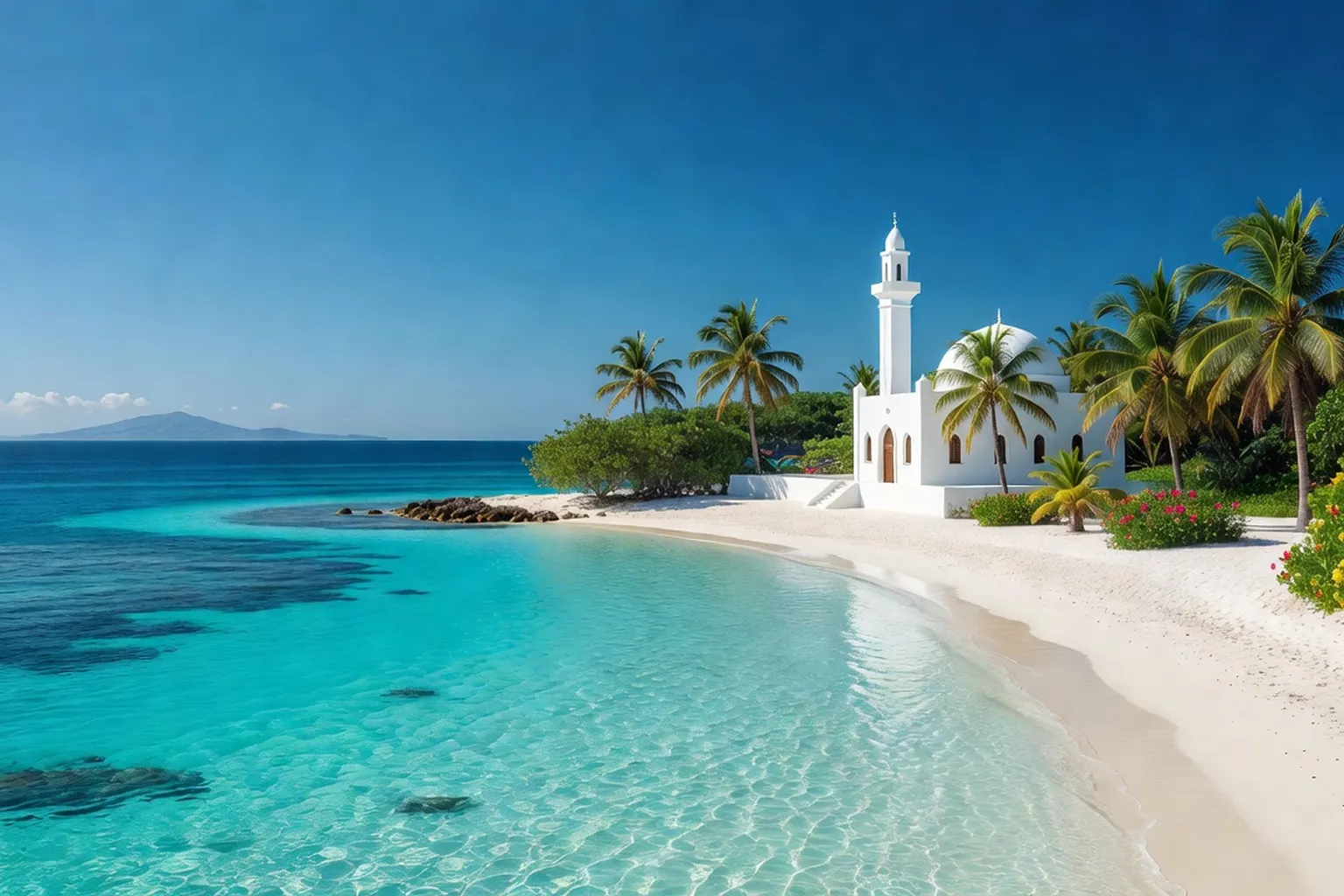 Paysage des Comores et de Mayotte avec lagon turquoise et mosquée blanche