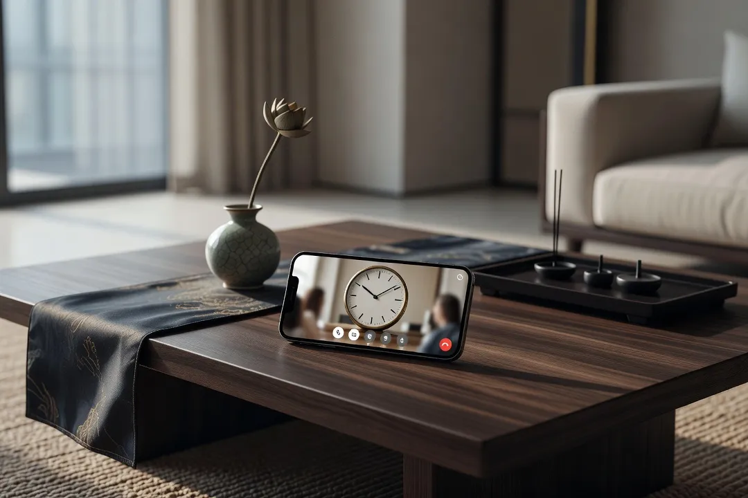 Smartphone affichant un appel vidéo avec une horloge murale visible en arrière-plan