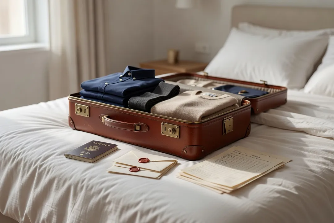 Valise de voyage ouverte avec passeport et documents administratifs sur un lit