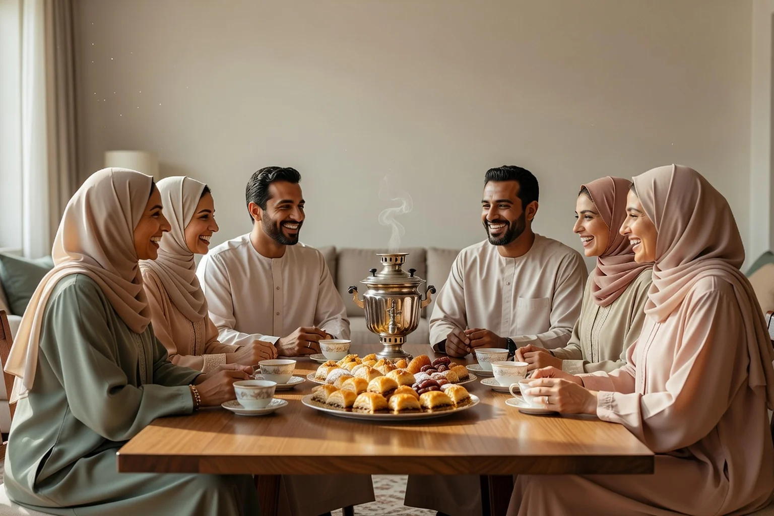 Deux familles musulmanes réunies autour d'une table lors d'une demande en mariage, dans un salon lumineux