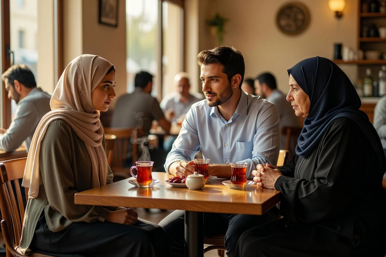 Jeune couple de fiancés musulmans échangeant dans un salon de thé en présence d'une proche, dans le respect du cadre halal