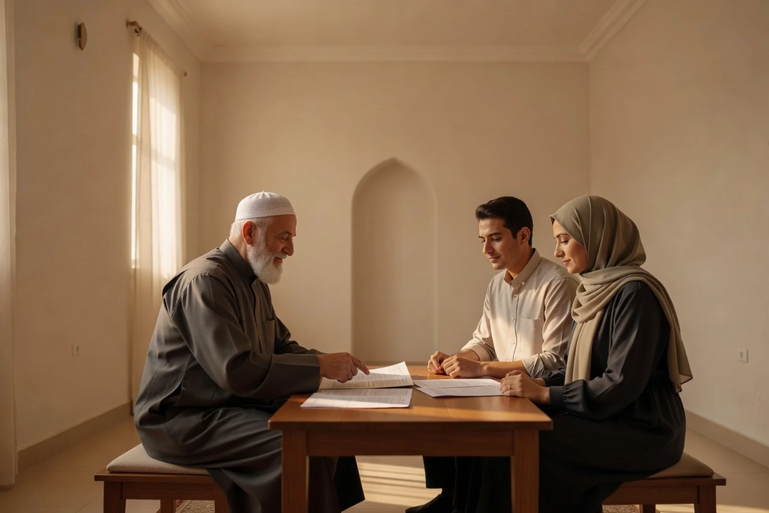 Un imam expliquant les étapes du contrat de mariage à un jeune couple de fiancés musulmans dans une mosquée