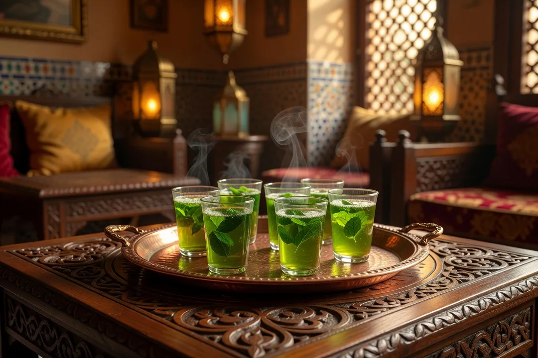Plateau de thé à la menthe égyptien traditionnel dans un café oriental