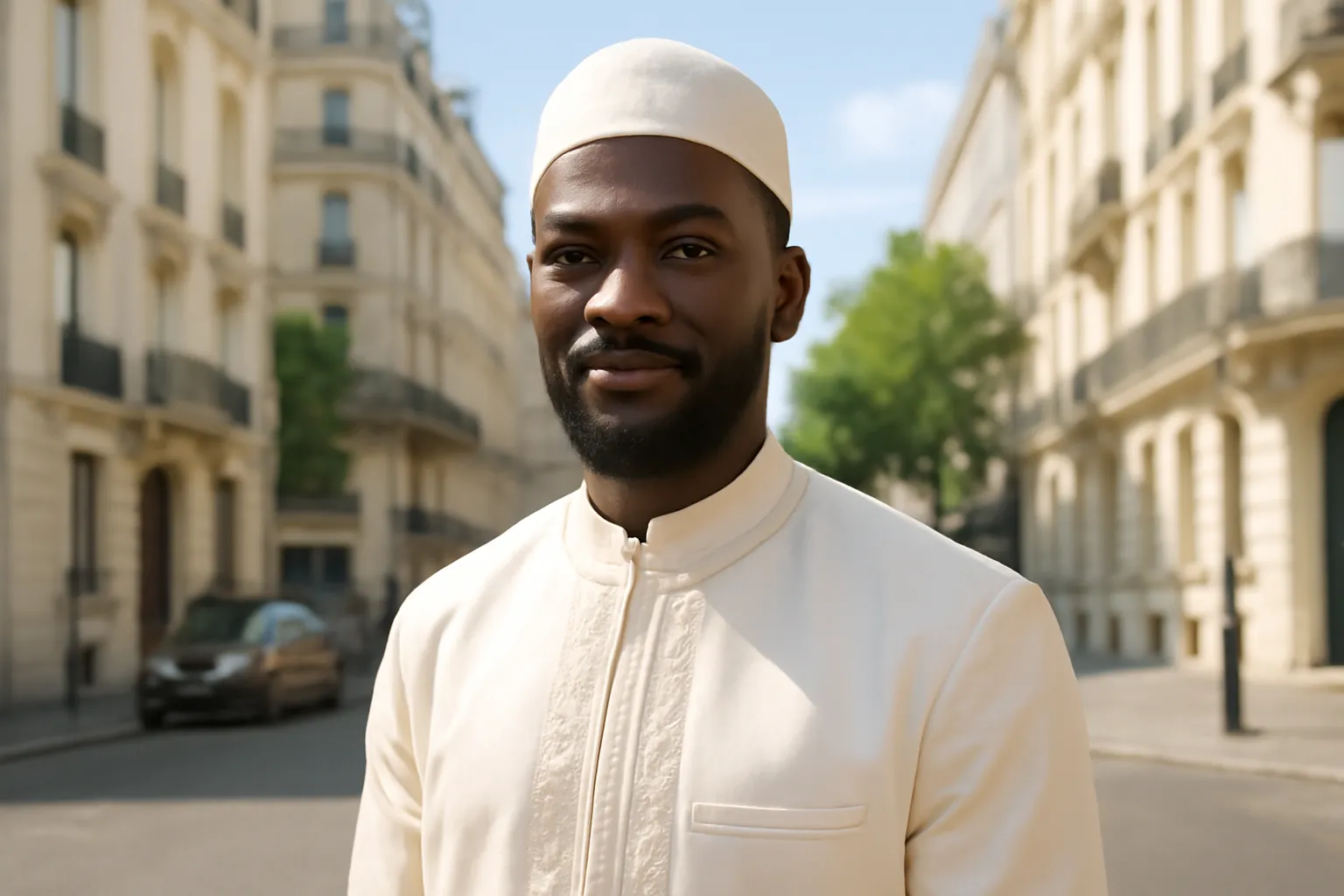 Homme sénégalais musulman en tenue élégante dans un cadre urbain français lumineux