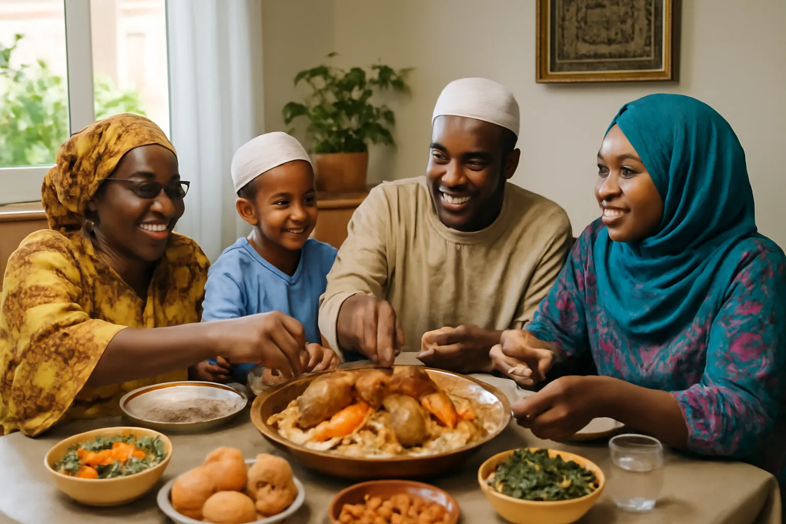 Famille sénégalaise musulmane partageant un repas traditionnel en France