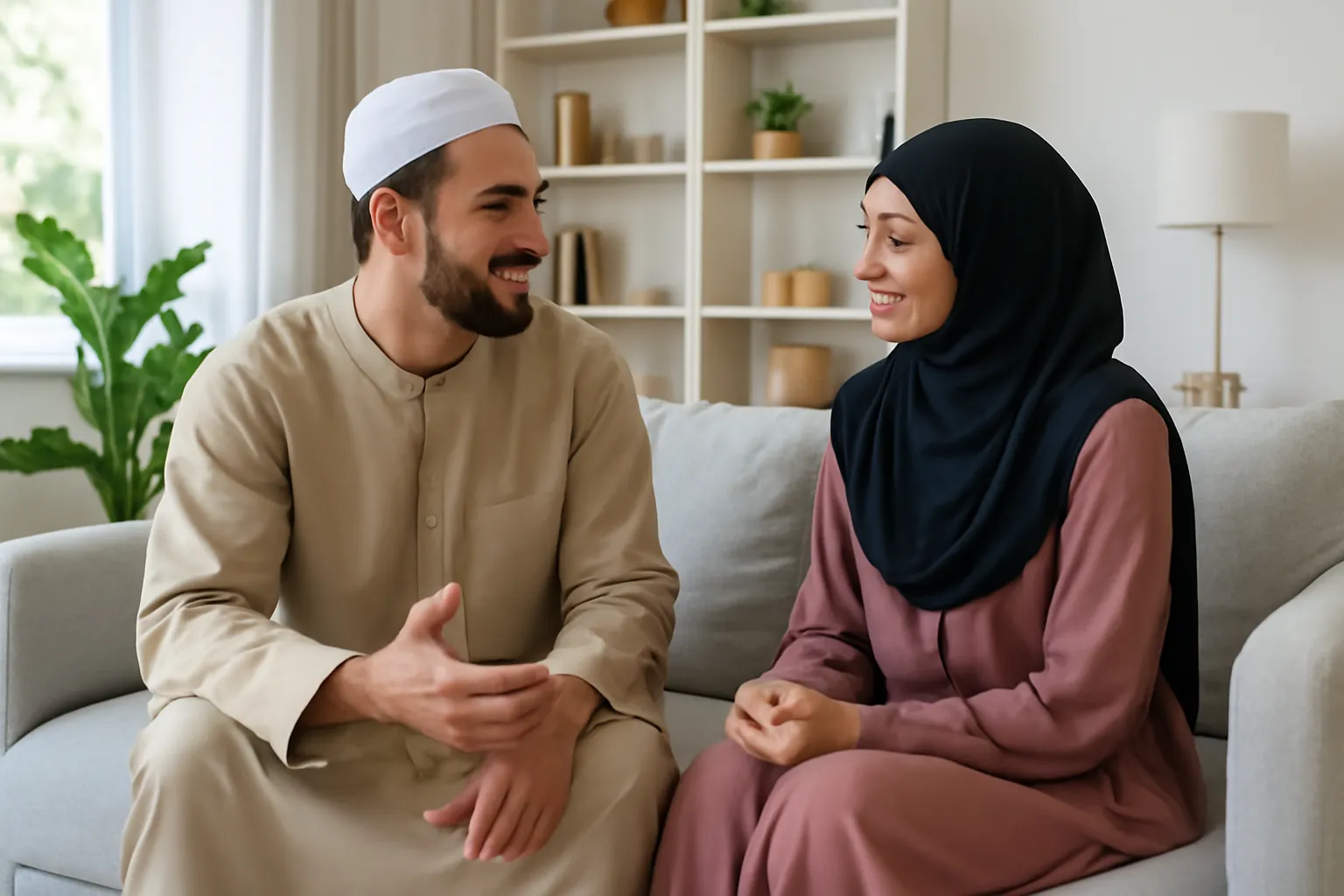 Couple musulman discutant sereinement dans un salon lumineux