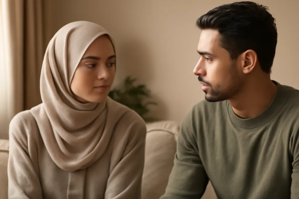 Jeune couple musulman en conversation sérieuse dans leur salon