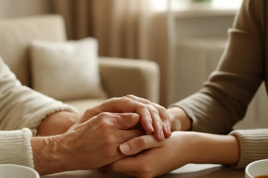 Mains de deux générations de femmes se tenant avec bienveillance autour d’une table