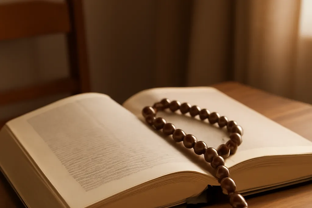 Livre religieux ouvert avec un chapelet de prière posé sur une table en bois