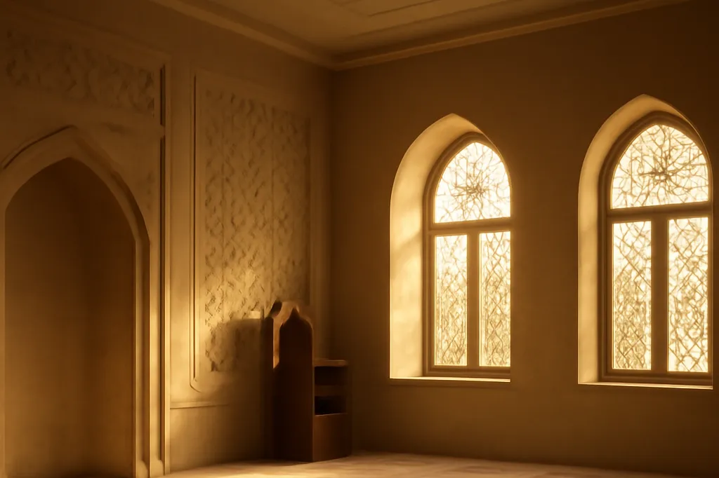 Intérieur paisible d’une salle de prière de mosquée baignée de lumière dorée