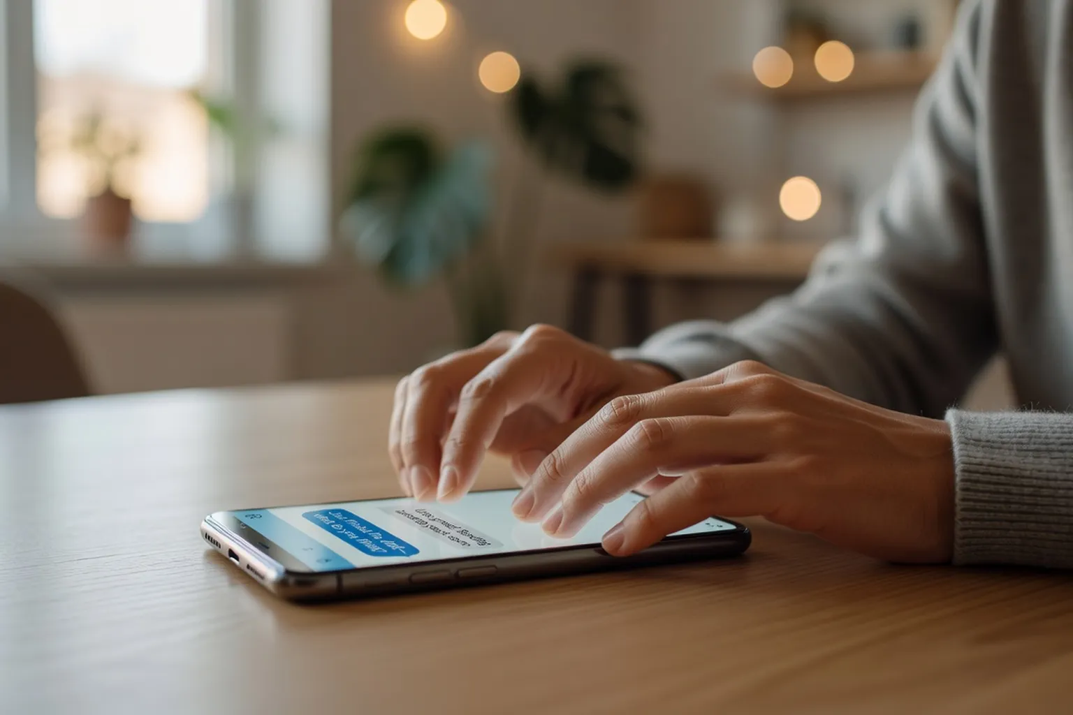 Mains tapant un message sur smartphone, ambiance moderne et sereine