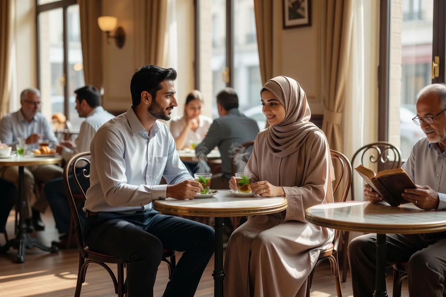 Premier rendez-vous halal dans un café lumineux avec un proche présent à la table