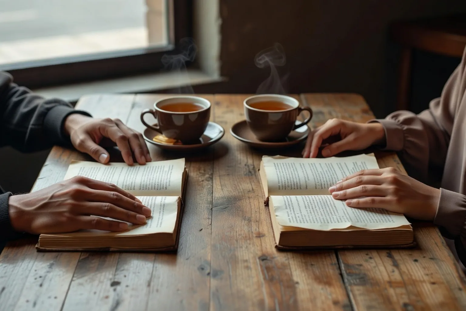Deux livres et deux verres de thé posés sur une table de café, symbole d'un échange halal sans contact physique