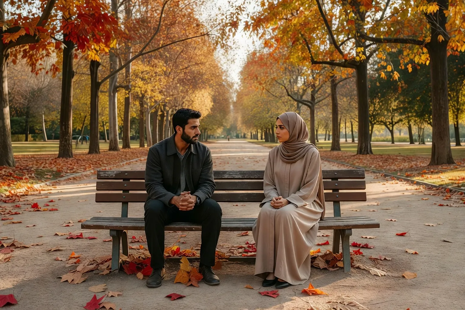 Un homme et une femme musulmans échangeant sérieusement sur leurs projets de vie lors d'une rencontre encadrée