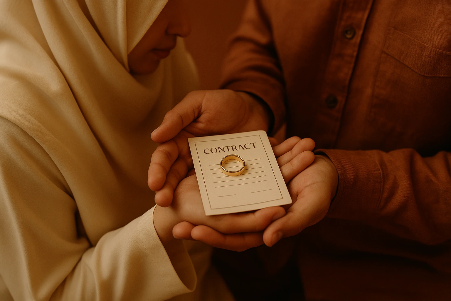 Mains d'un couple musulman tenant une alliance et un contrat de mariage civil