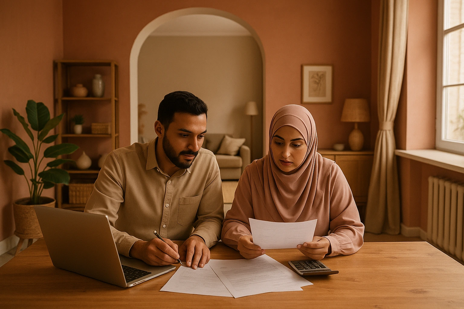 Couple musulman calculant son budget mariage sur ordinateur à la maison