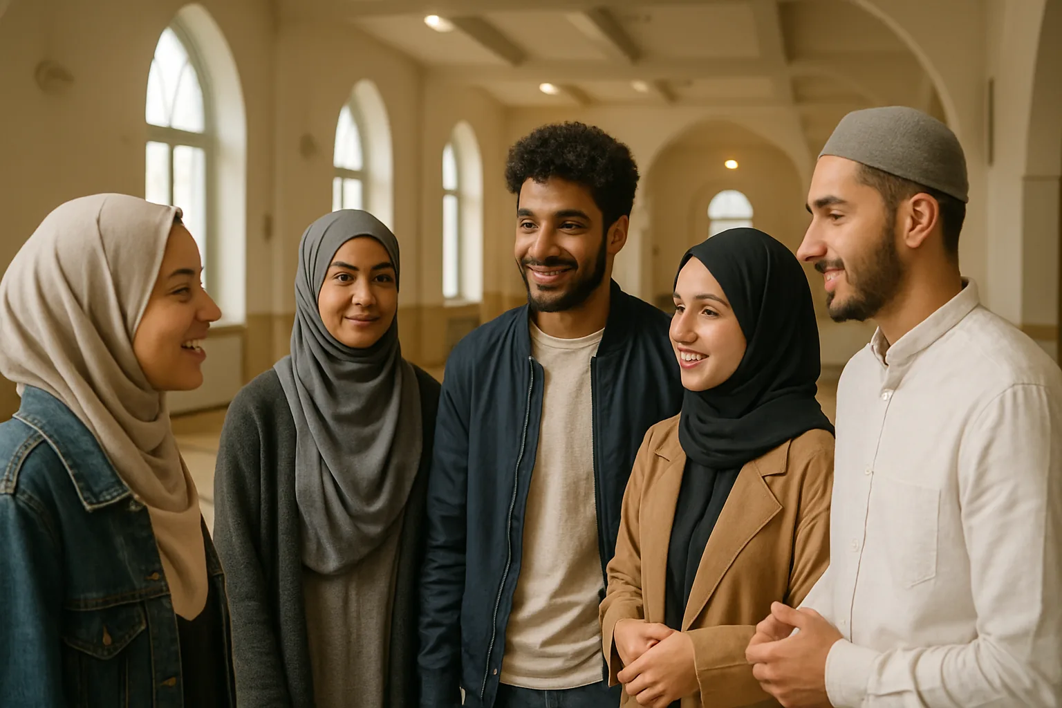 Jeunes musulmans français échangeant après un événement communautaire dans une salle de mosquée en France