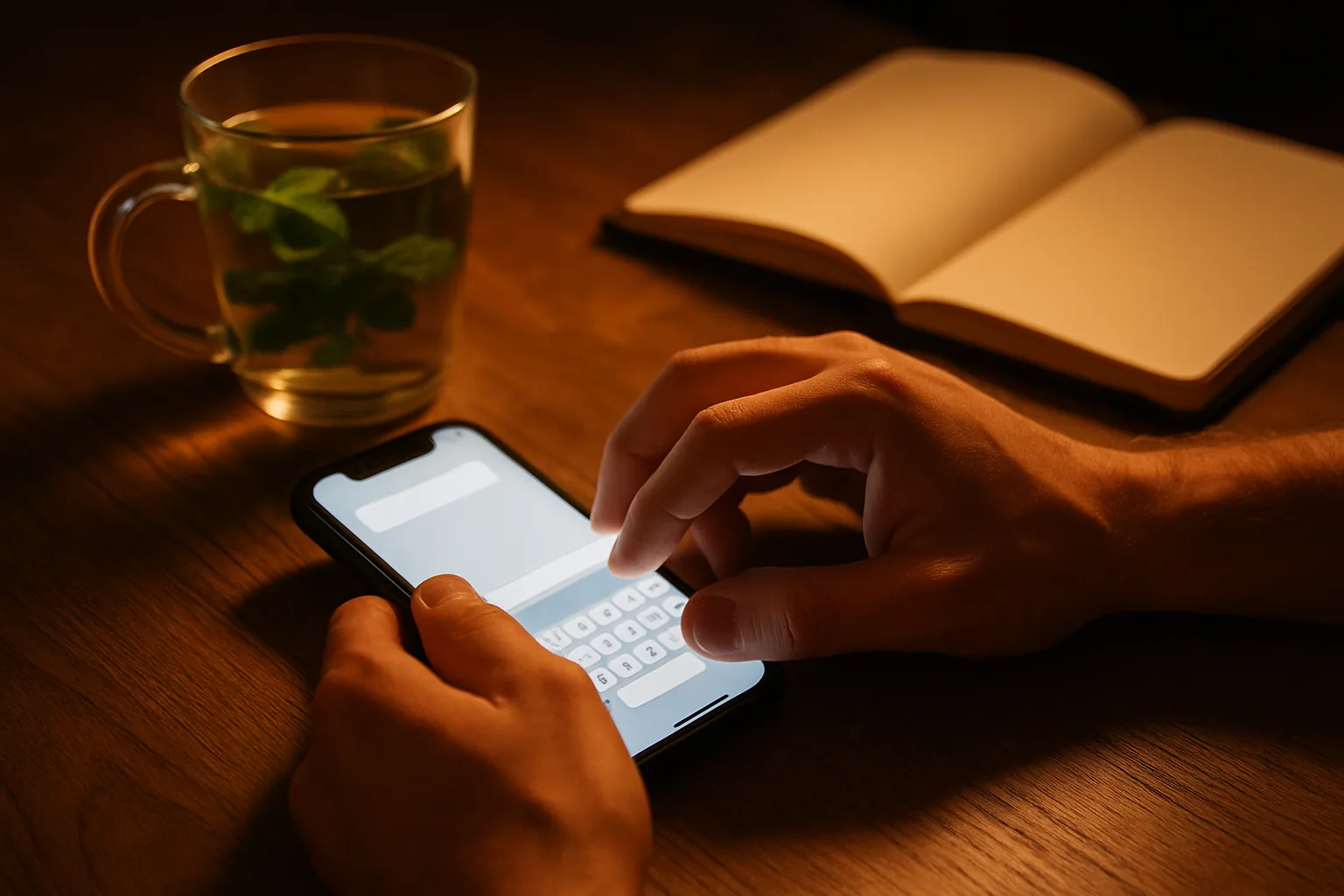 Homme rédigeant un premier message personnalisé sur une application de rencontre halal, carnet et thé sur le bureau