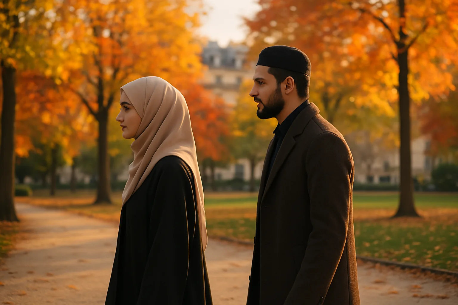 Couple musulman en tenue modeste et élégante se promenant dans un parc public en automne, lumière dorée, ville française en arrière-plan