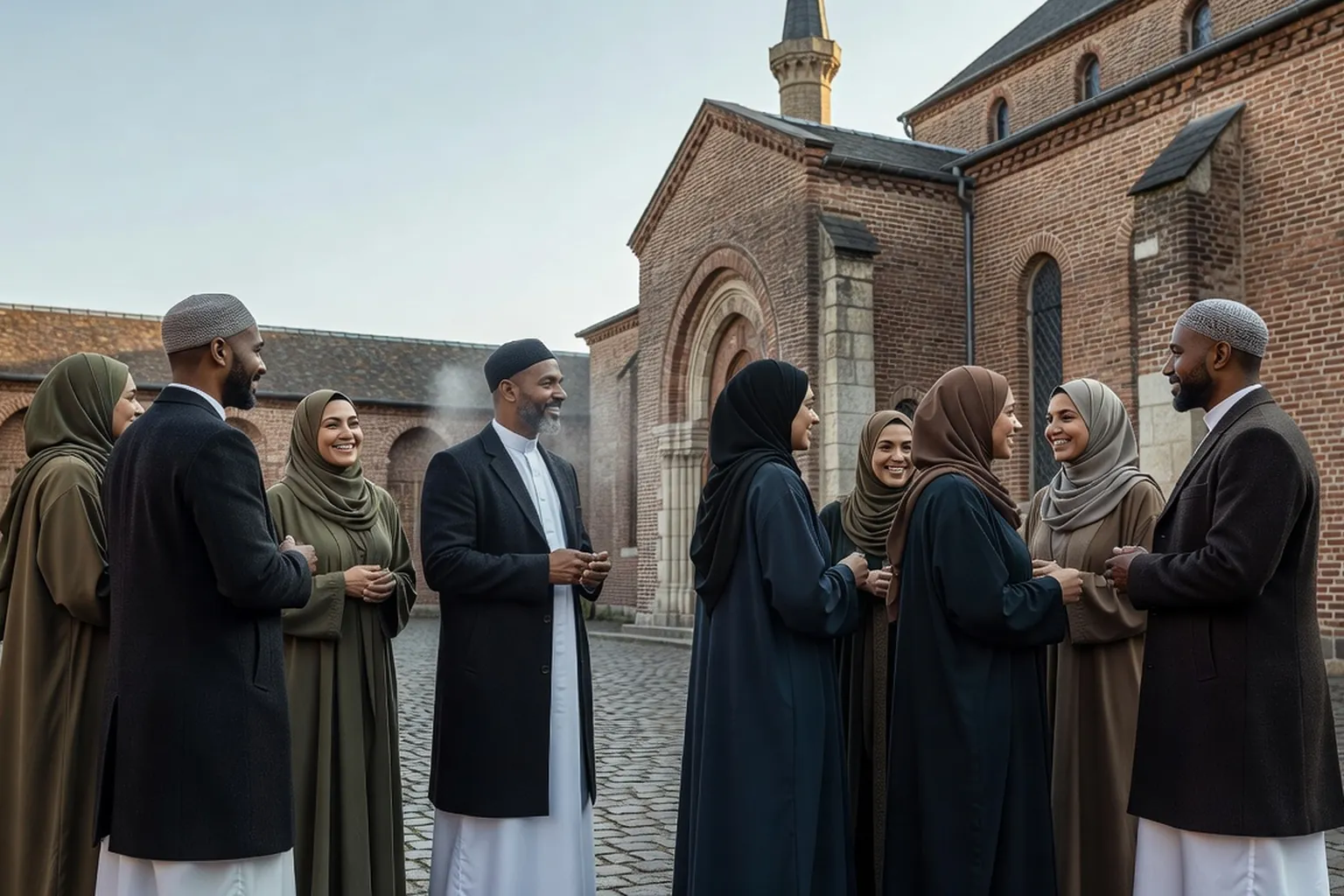 Personnes musulmanes échangeant après la prière devant une mosquée de la métropole lilloise