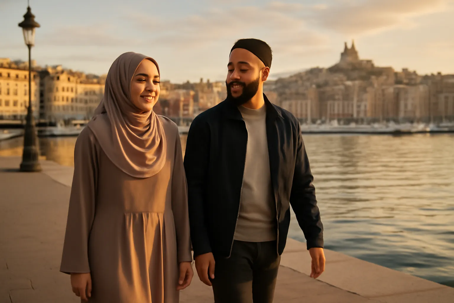 Couple musulman marchant le long du Vieux-Port de Marseille sous une lumière dorée
