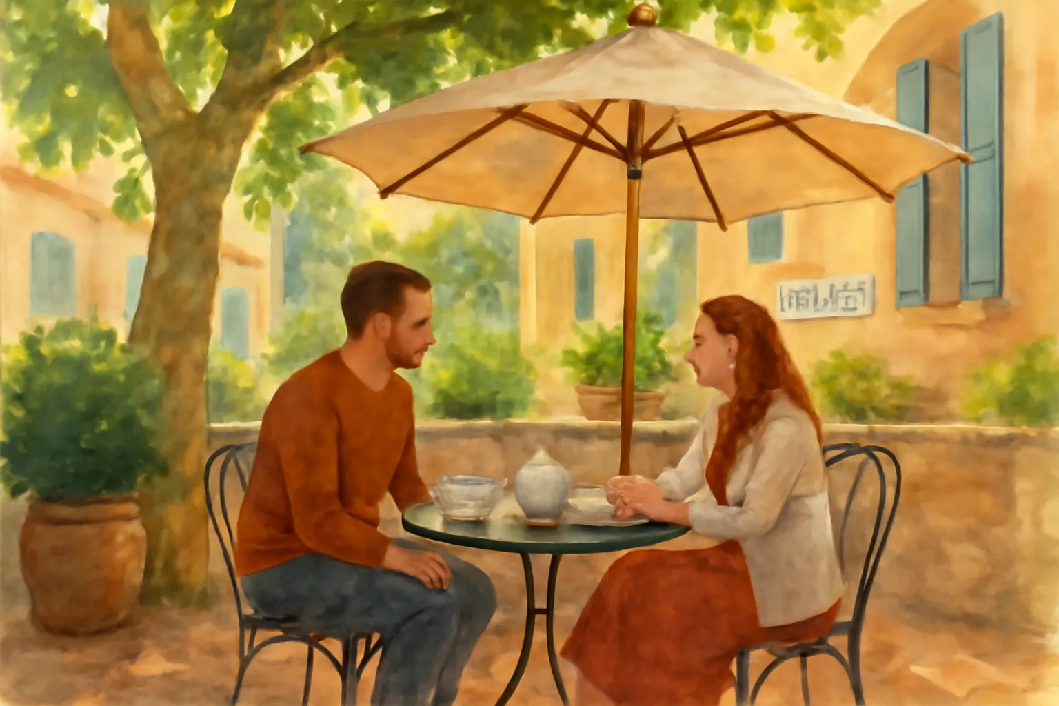 Terrasse ombragée à Marseille pour une première rencontre musulmane sérieuse
