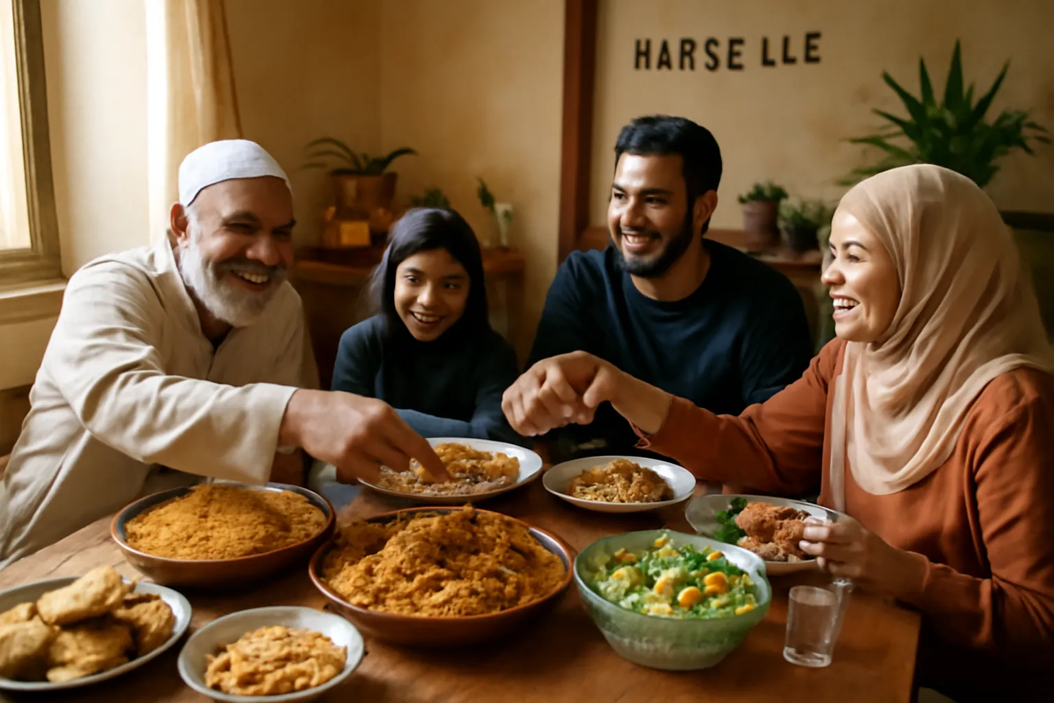 Famille et couple musulmans partageant un repas convivial à Marseille
