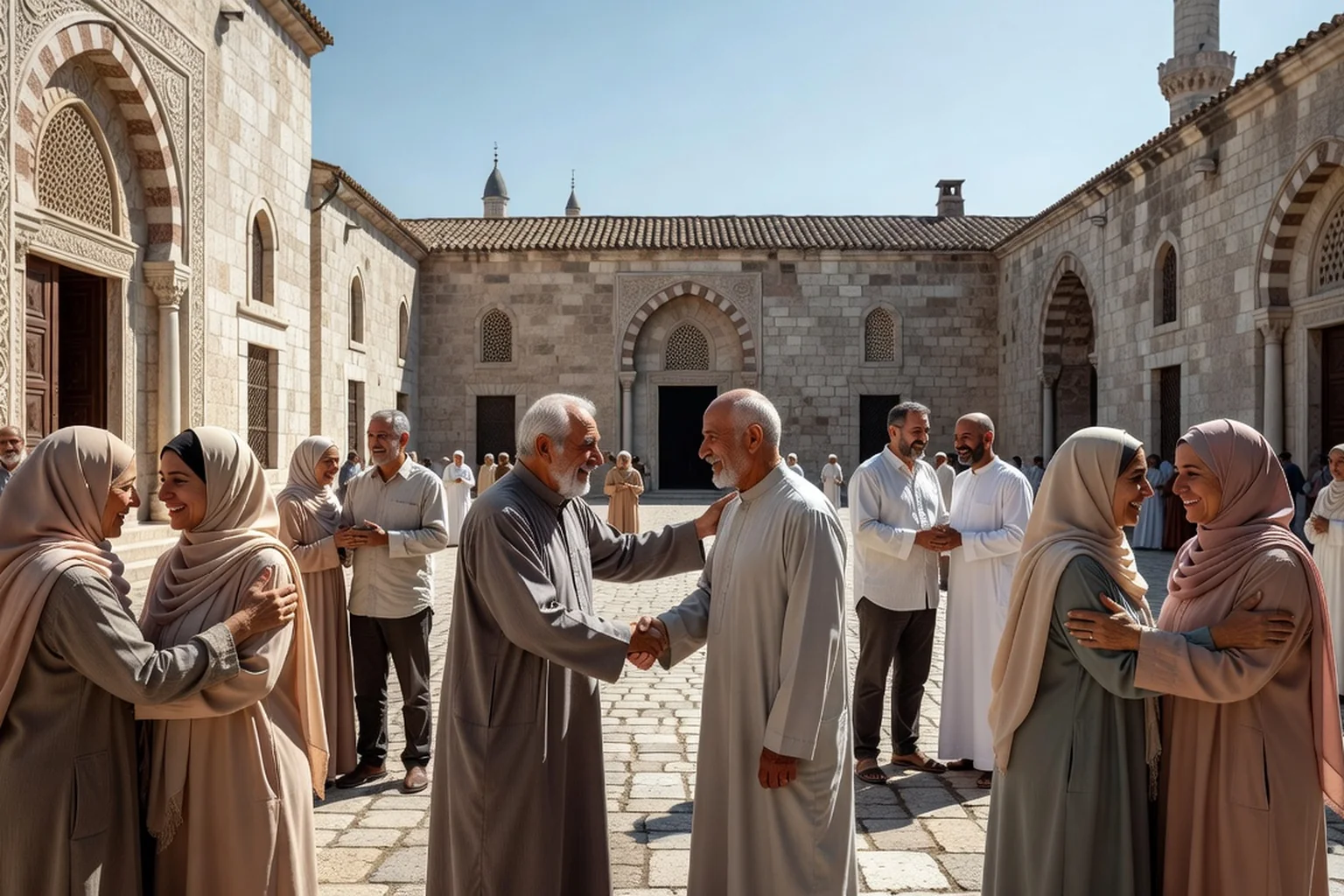 Sortie du vendredi devant une mosquée toulousaise, des fidèles de tous âges échangeant sur le parvis ensoleillé