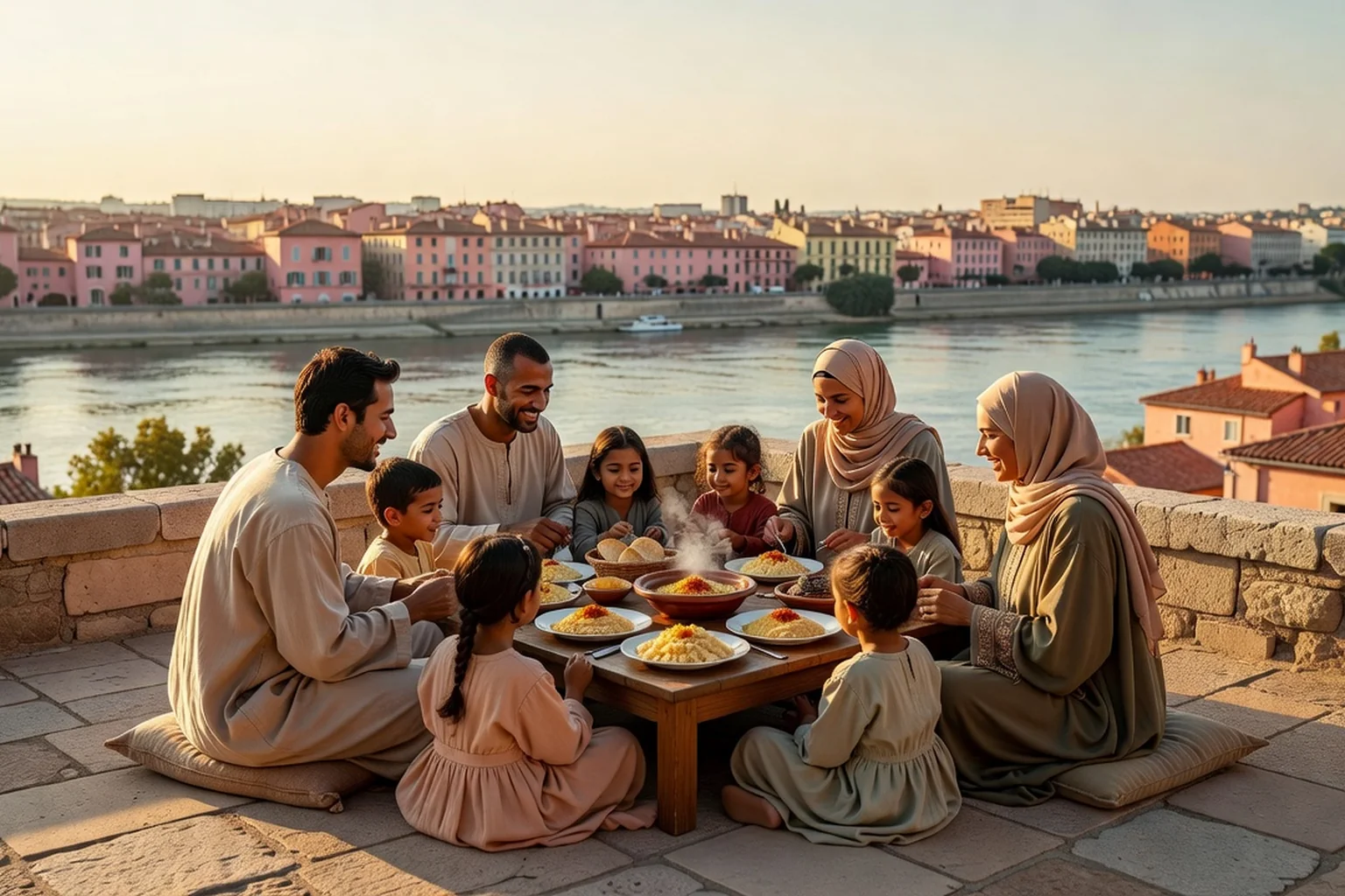 Famille musulmane toulousaine partageant un repas en terrasse, la Garonne et les toits roses de la ville en arrière-plan