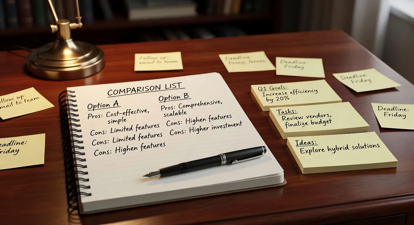 Carnet de notes avec liste comparative