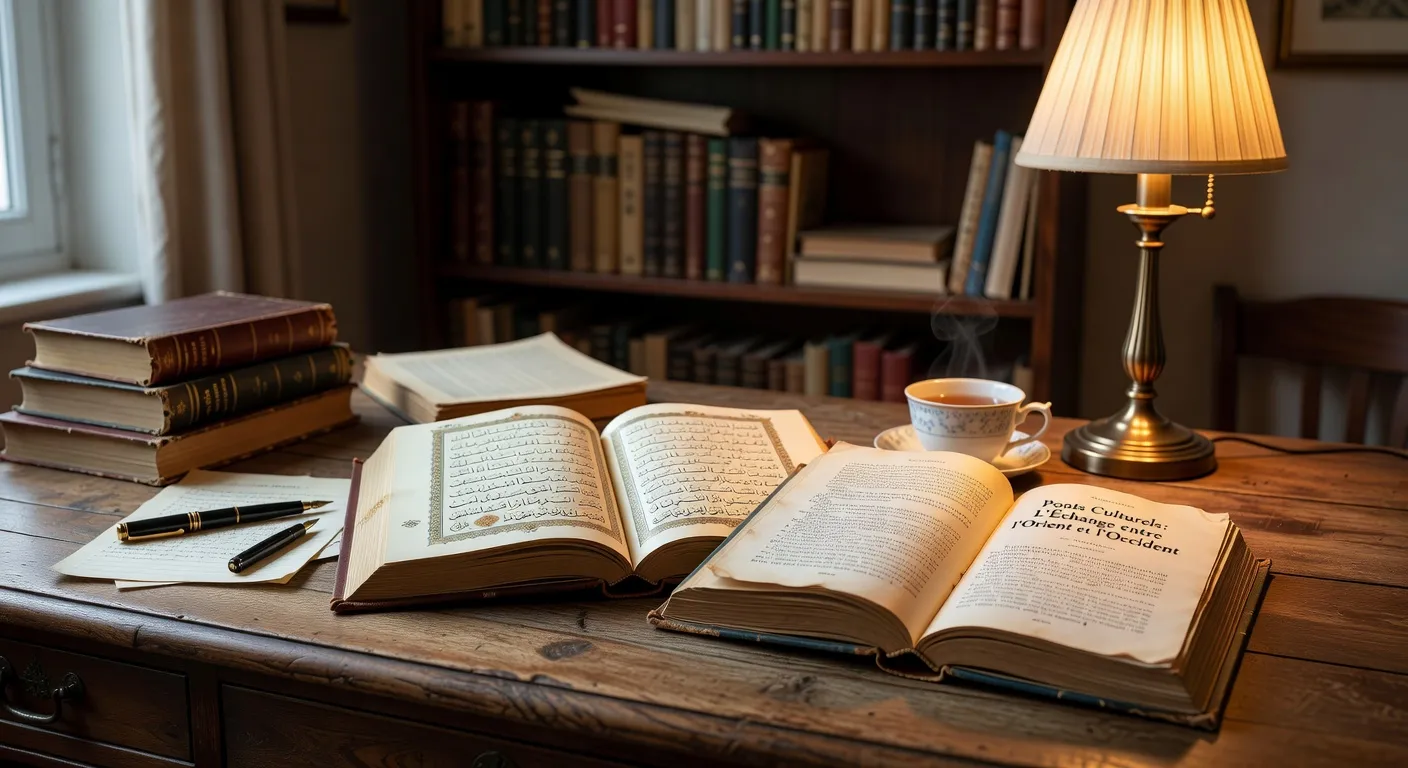 Coran ouvert et livre français sur un bureau