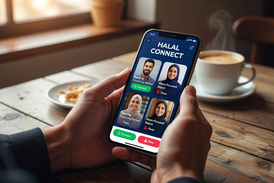 Homme consultant une application de rencontre musulmane sur smartphone, café parisien