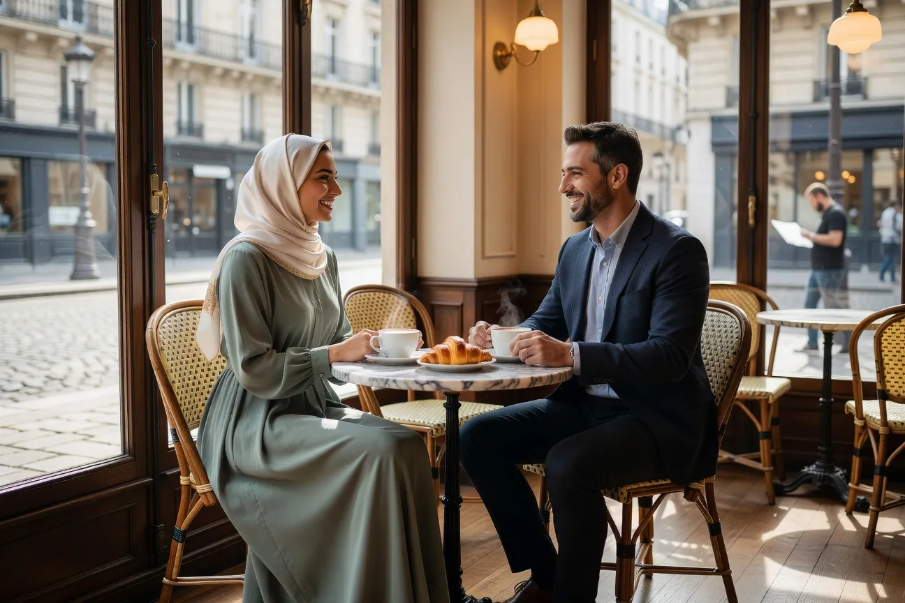 Couple musulman lors d'un premier rendez-vous dans un espace public, tenue élégante