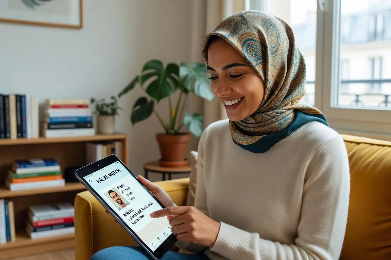 Femme musulmane voilée souriante, consultait une application de rencontre halal sur tablette