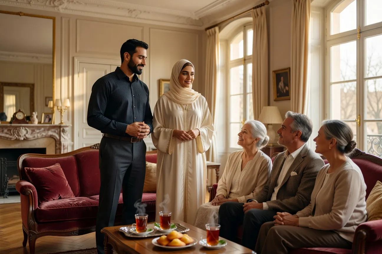 Couple musulman sérieux lors d'une rencontre encadrée, café lumineux, tenue respectueuse