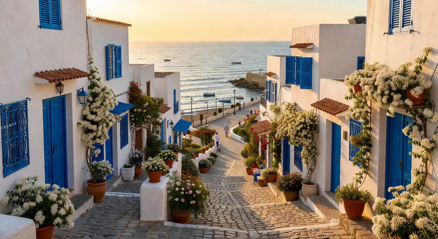 Ville côtière tunisienne aux murs bleus et blancs