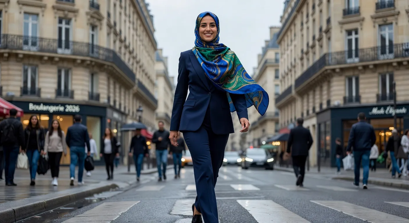 Femme voilée moderne en France, scène urbaine de rencontre