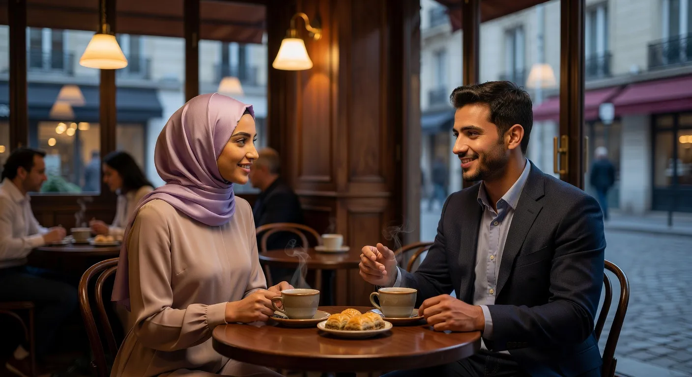 Couple musulman discutant en café, scène de rencontre respectueuse