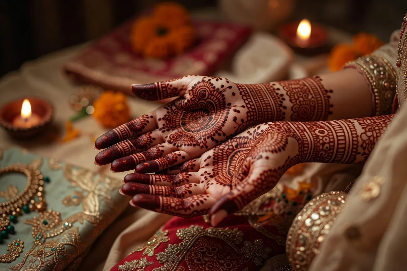 Design au henné sur les mains, préparation mariage