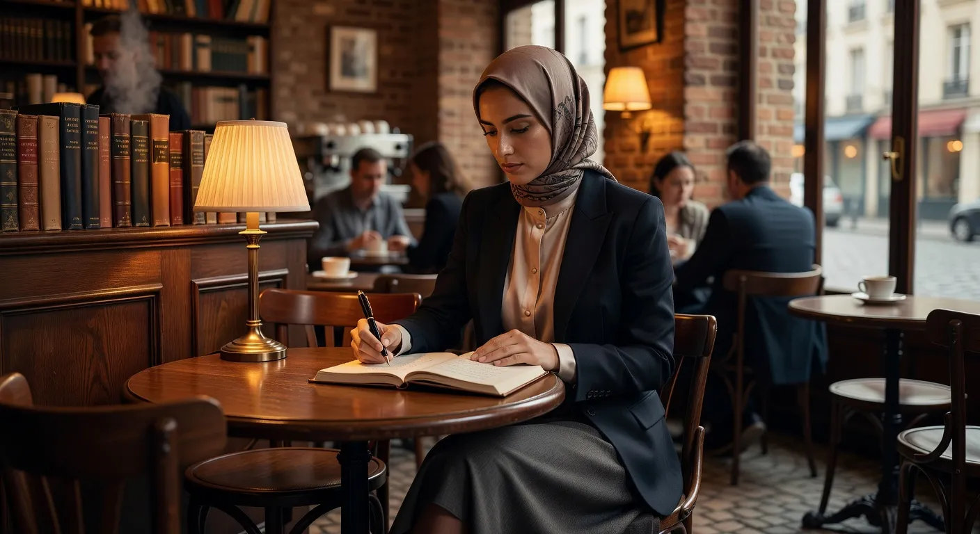 Jeune femme musulmane dans un café parisien