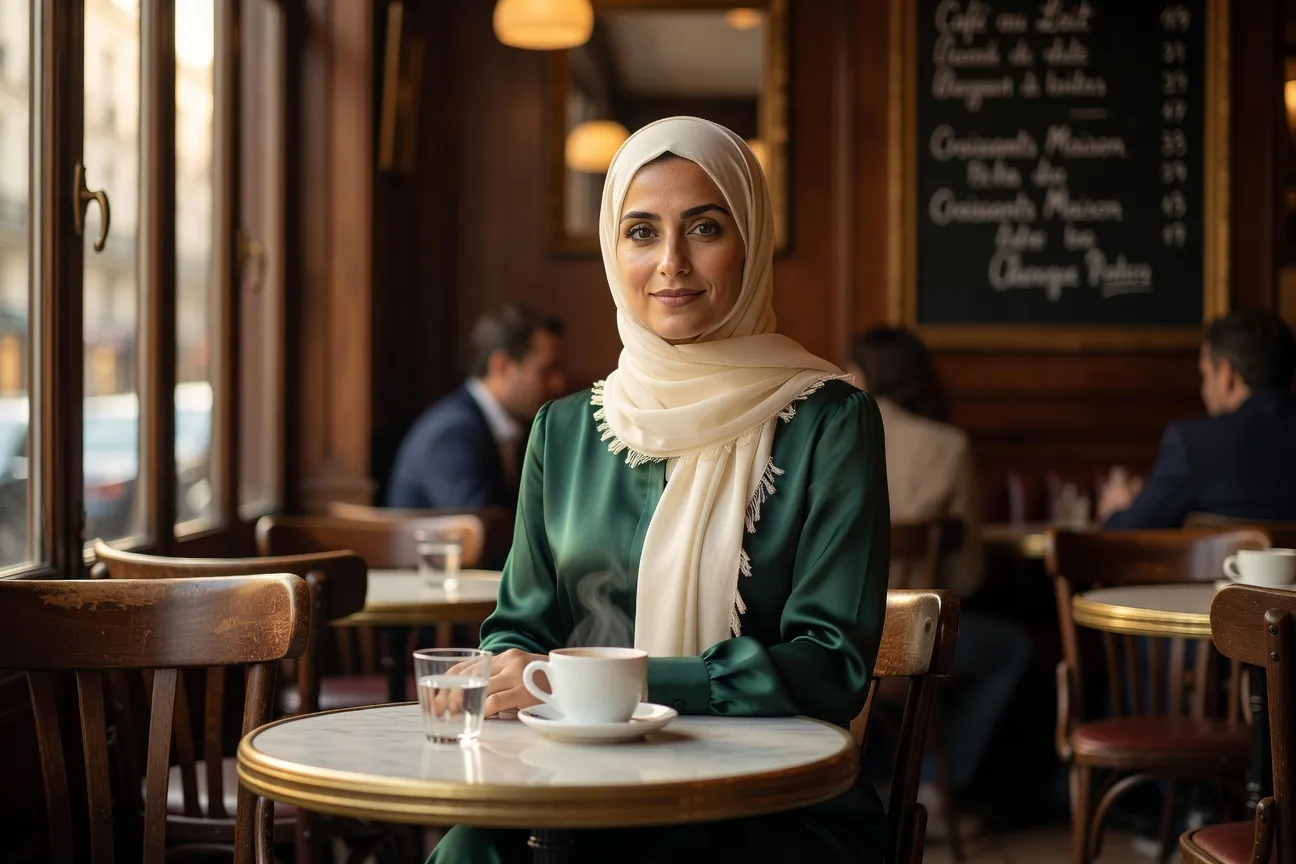 Portrait de deux femmes maghrébines élégantes dans un café parisien, ambiance chaleureuse