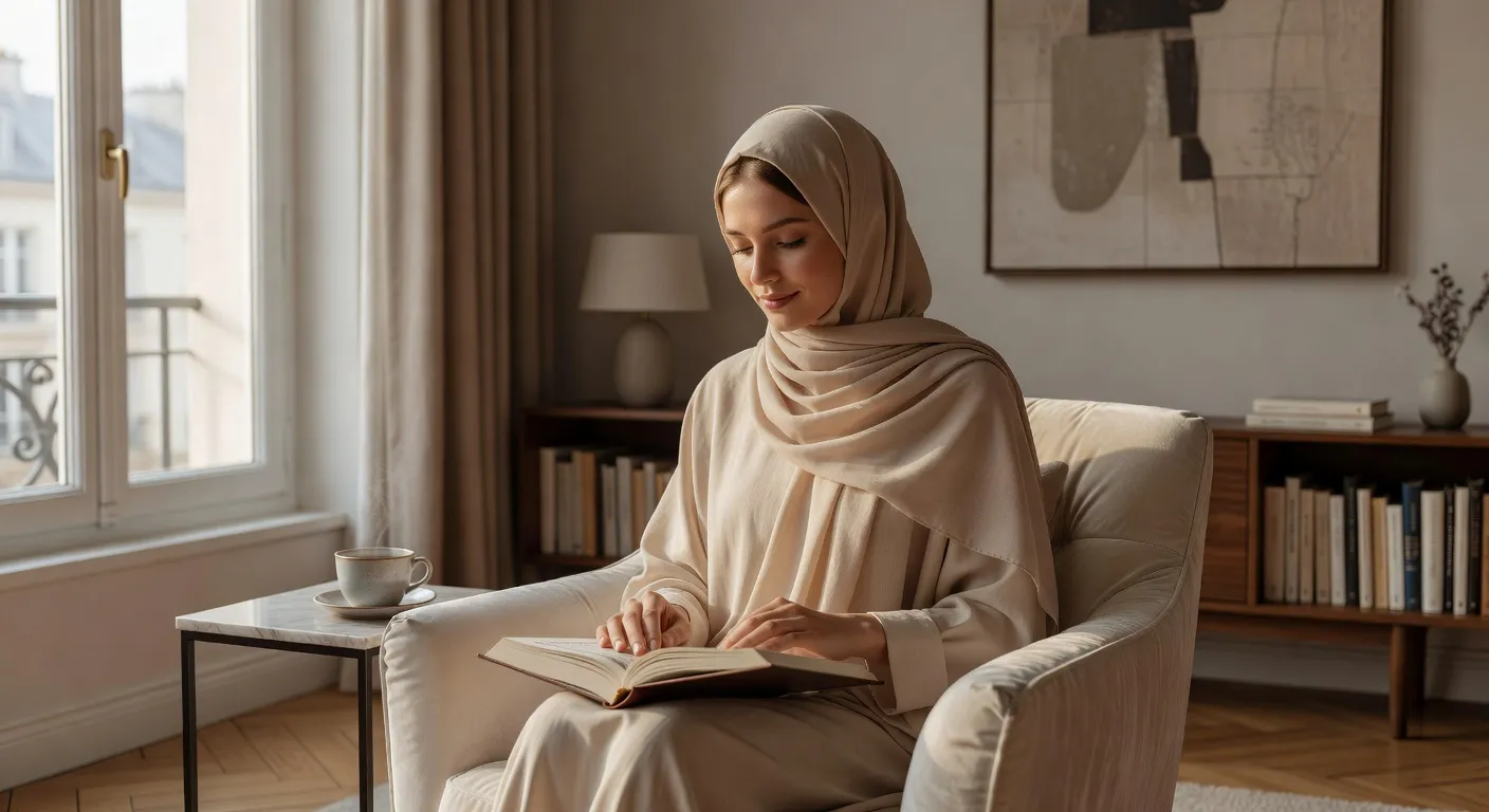 Jeune femme française convertie à l'islam, hijab moderne, lecture du Coran dans son appartement