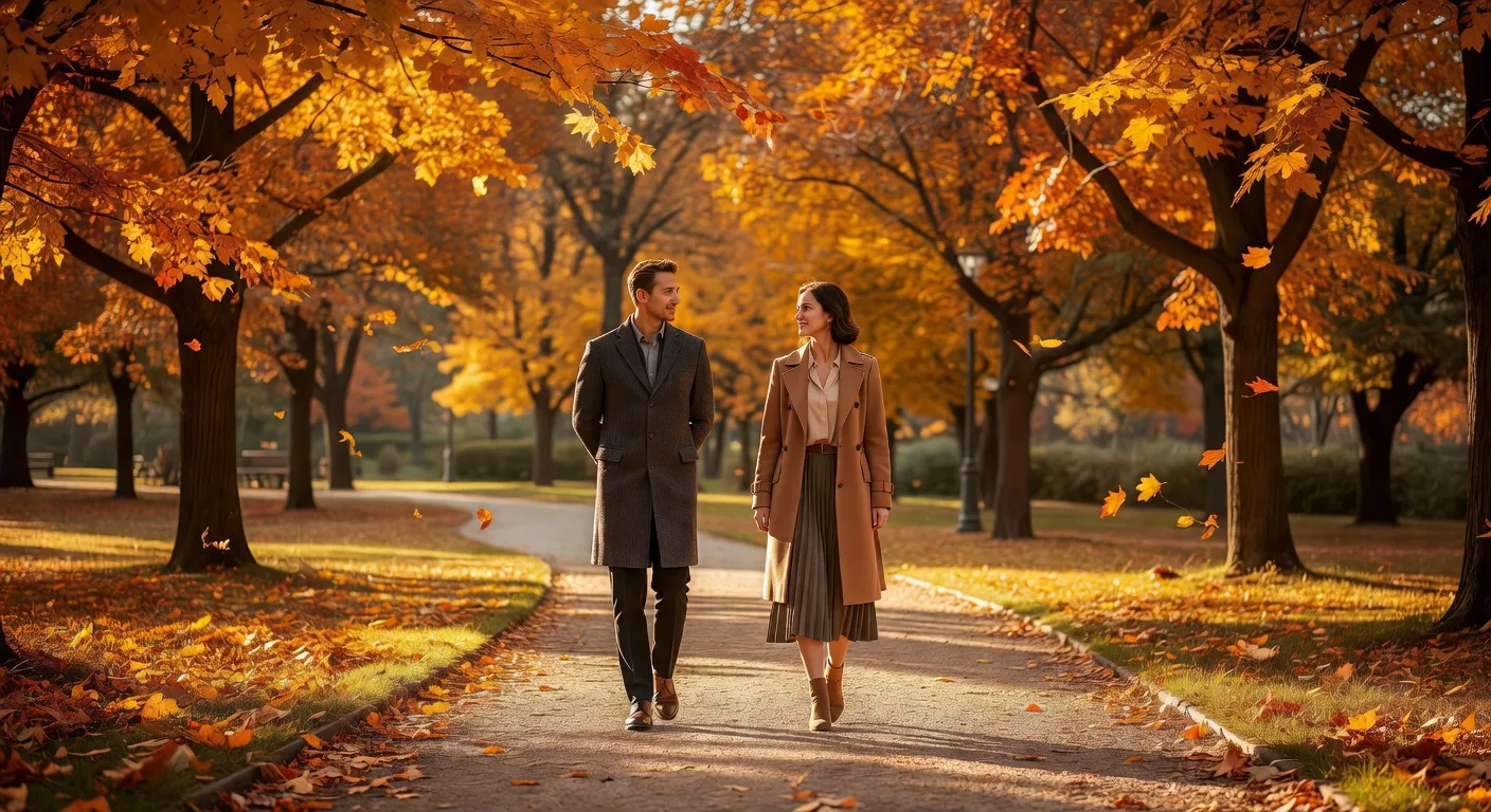 Couple marchant dans un parc en automne