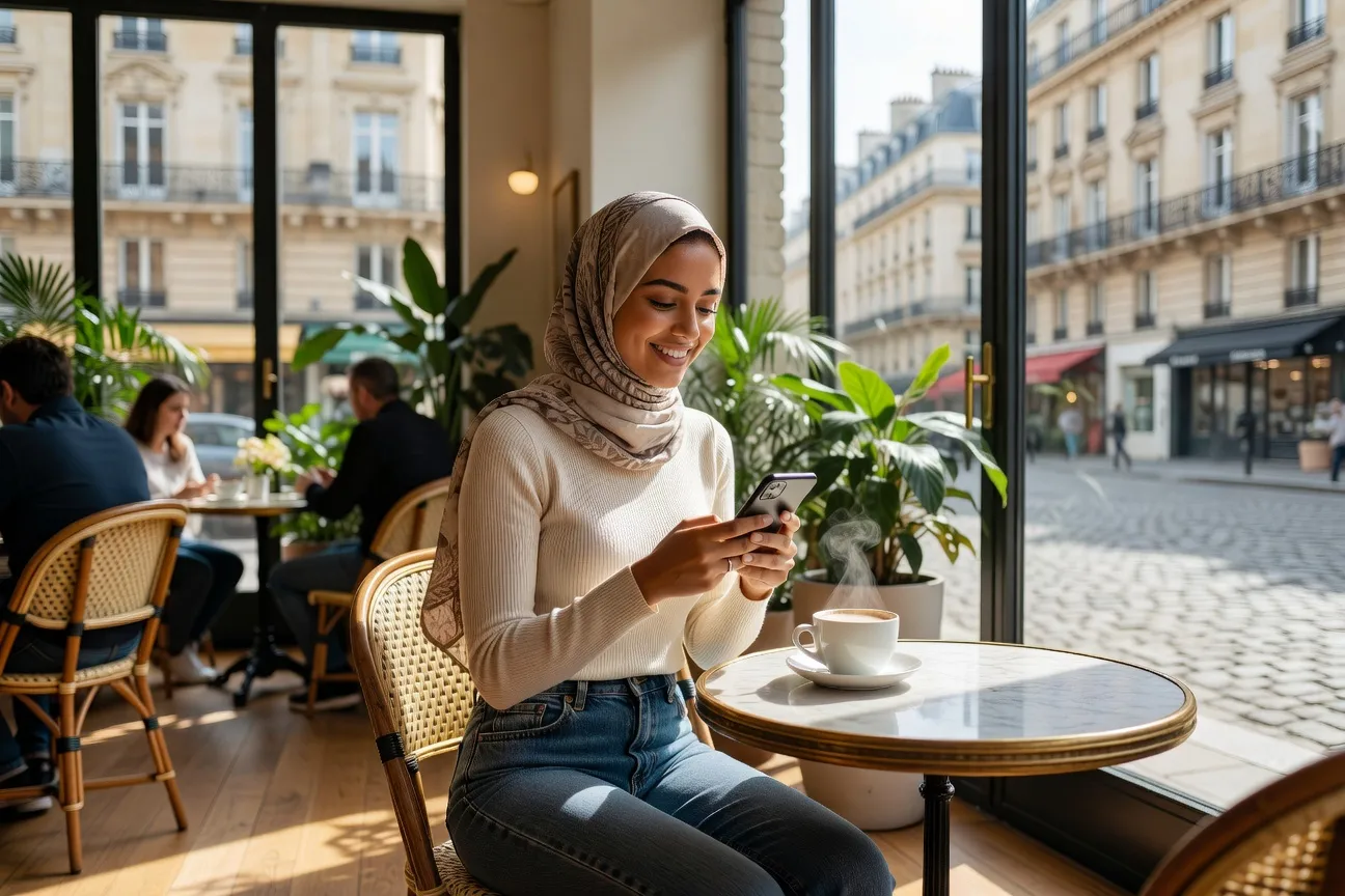 Jeune femme voilée souriante dans un café parisien, tenue moderne, smartphone à la main
