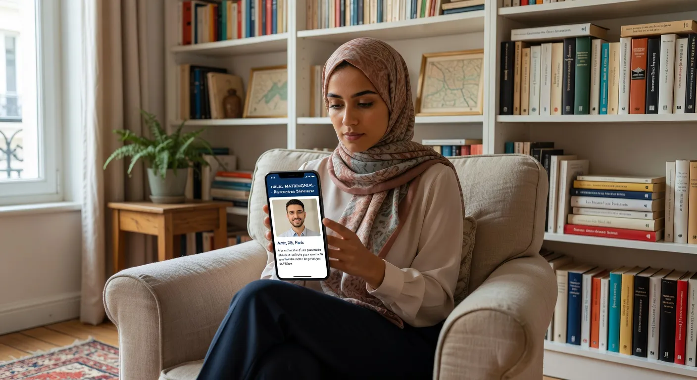 Jeune femme musulmane française naviguant sur une application de rencontre matrimoniale
